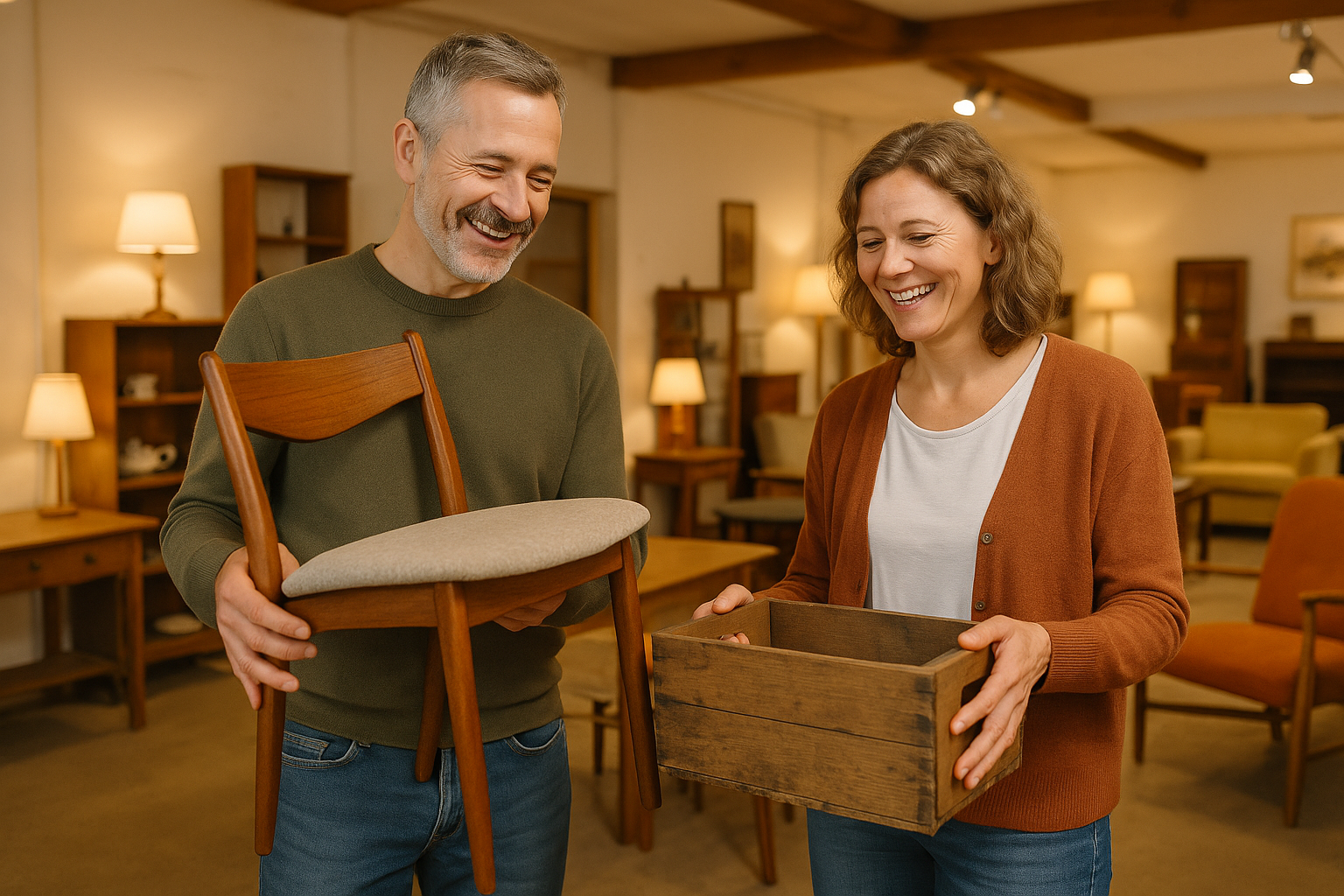 Zufriedene Kunden beim Kauf von secondhand Möbeln in einem Brocki.