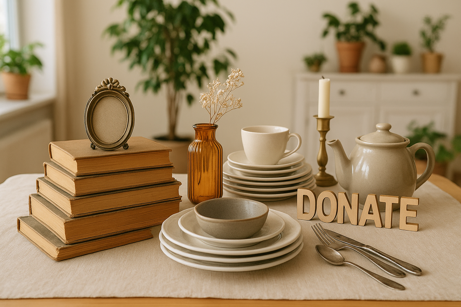 Ein Tisch mit alten Büchern, Geschirr und Deko, die zur Weitergabe bereitstehen