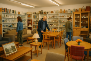 Ein Brockenhaus in der Schweiz mit verschiedenen Möbeln und Gegenständen.