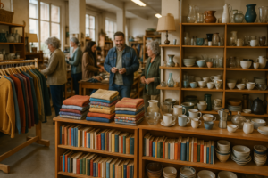 Einblick in ein Brockenhaus mit verschiedenen Spendenartikeln.