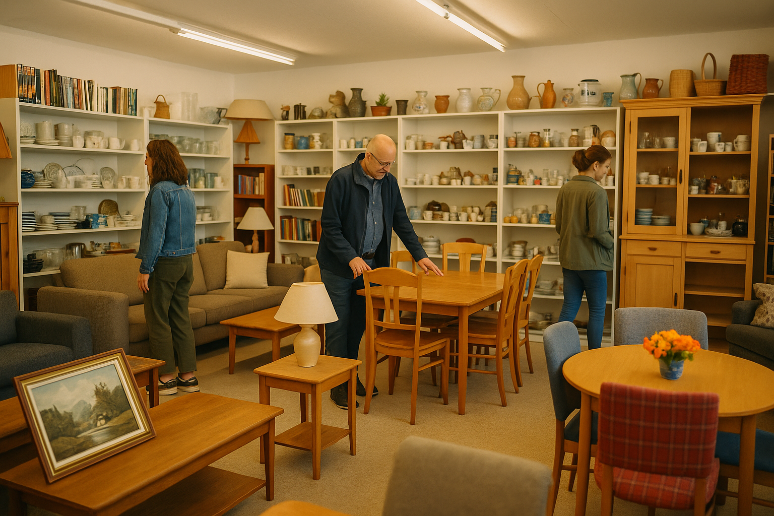 Ein Brockenhaus in der Schweiz mit verschiedenen Möbeln und Gegenständen.